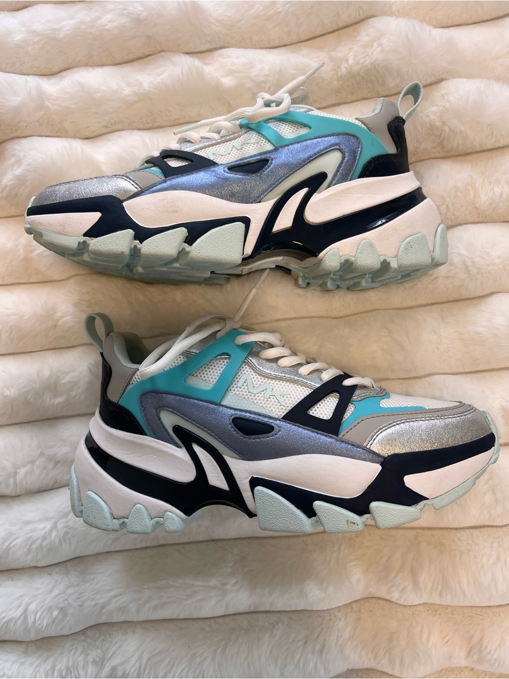 Michael Kors Chunky Sneakers in White, Aqua, Silver, Navy